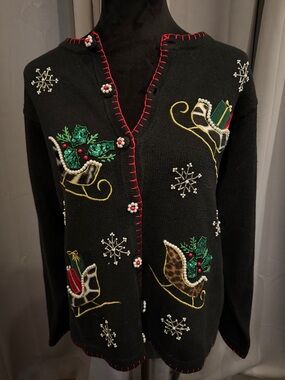 Black Holiday Embellished Cardigan Sweater with Sleigh Motif